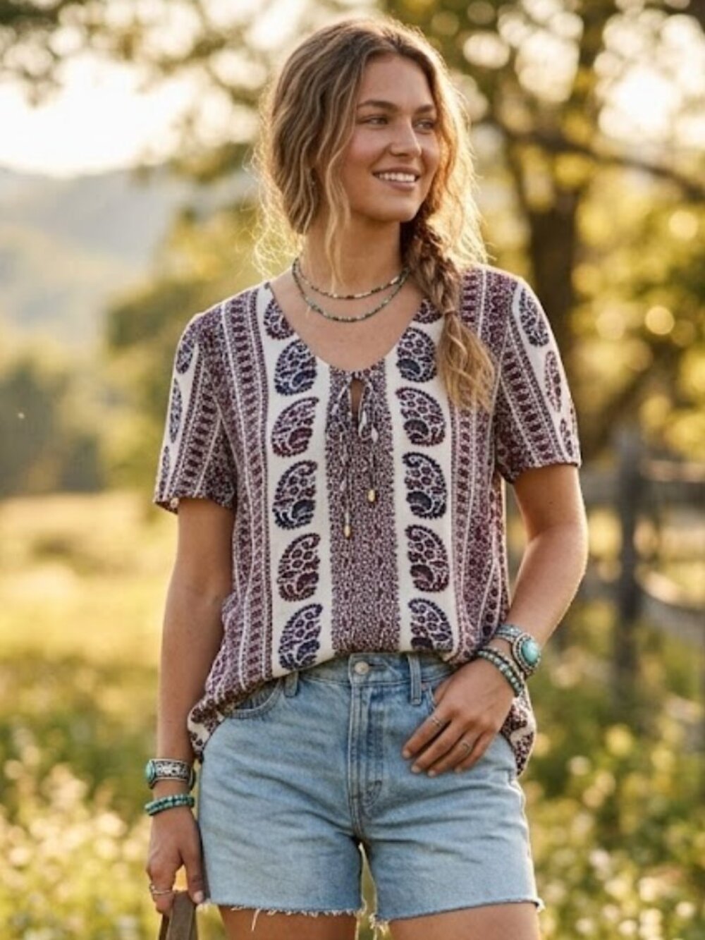 Lucky Brand Women Small Paisley Tie Front Top Boho Western Americana Cottagecore
